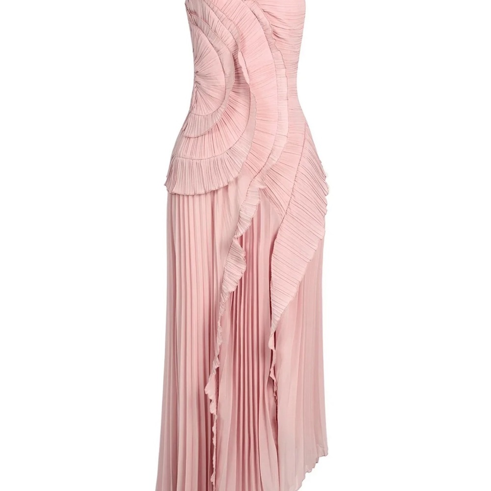 Soft Pink Pleated Maxi Gown with Sculpted Ruffles